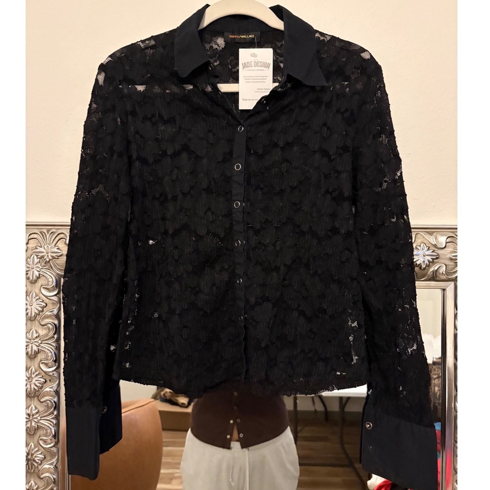 Harris Wallace Black Sheer Floral Lace Button Down Shirt Long Sleeve Blouse g5